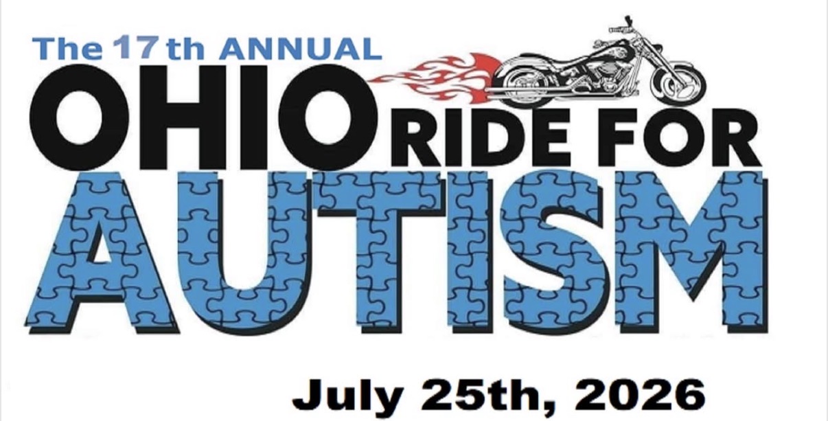 Poster for The 17th Annual Ohio Ride for Autism with a blue puzzle-piece AUTISM text and a motorcycle illustration; date July 25, 2026.