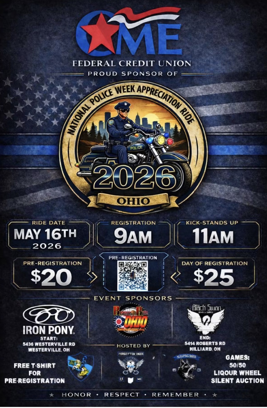Poster for National Police Week Appreciation Ride 2026 in Ohio featuring a police rider on a motorcycle within a gold circular badge and bold date text.