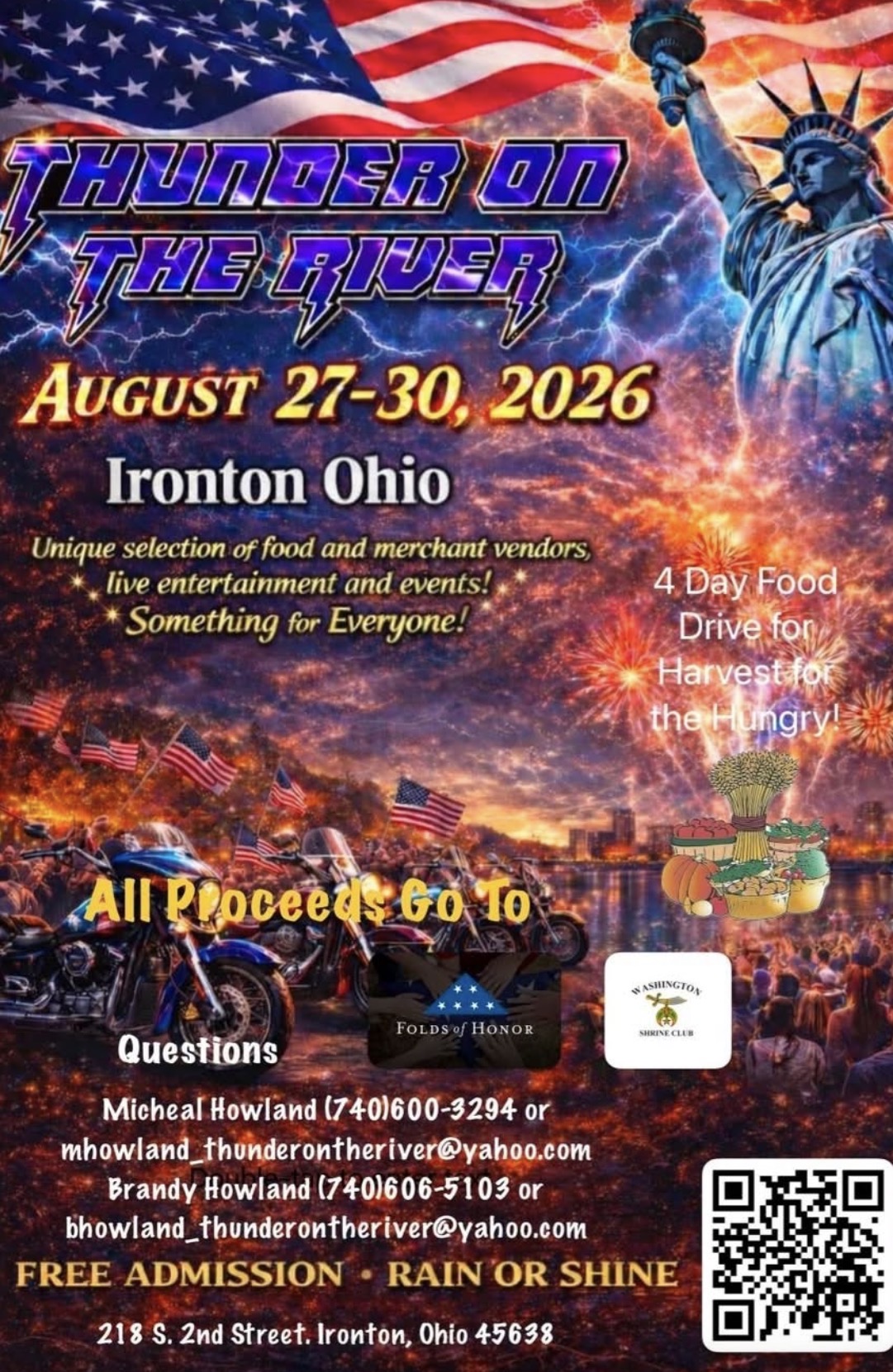 Event poster for Thunder on the River in Ironton, Ohio (Aug 27–30, 2026) with motorcycles, fireworks, and an all-proceeds-to-hunger-relief message.