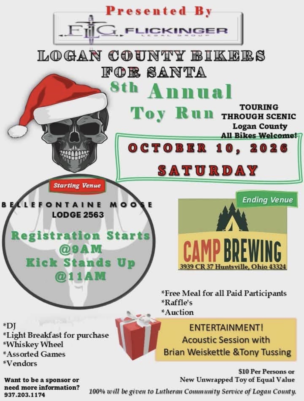 Poster for Logan County Bikers for Santa Toy Run on Oct 10, 2026; skull with Santa hat, start at Bellefontaine Moose Lodge 2563, end at Camp Brewing.