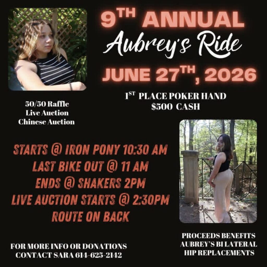 Poster announcing the 9th Annual Aubrey's Ride on June 27, 2026, with two photos and event details including a $500 poker hand prize and a fundraiser for Aubrey's hip replacements.
