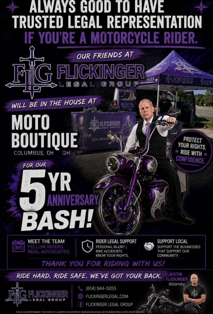 Promotional poster for Flickinger Legal Group advertising a 5-year anniversary bike bash with a purple motorcycle and team meet-and-greet.