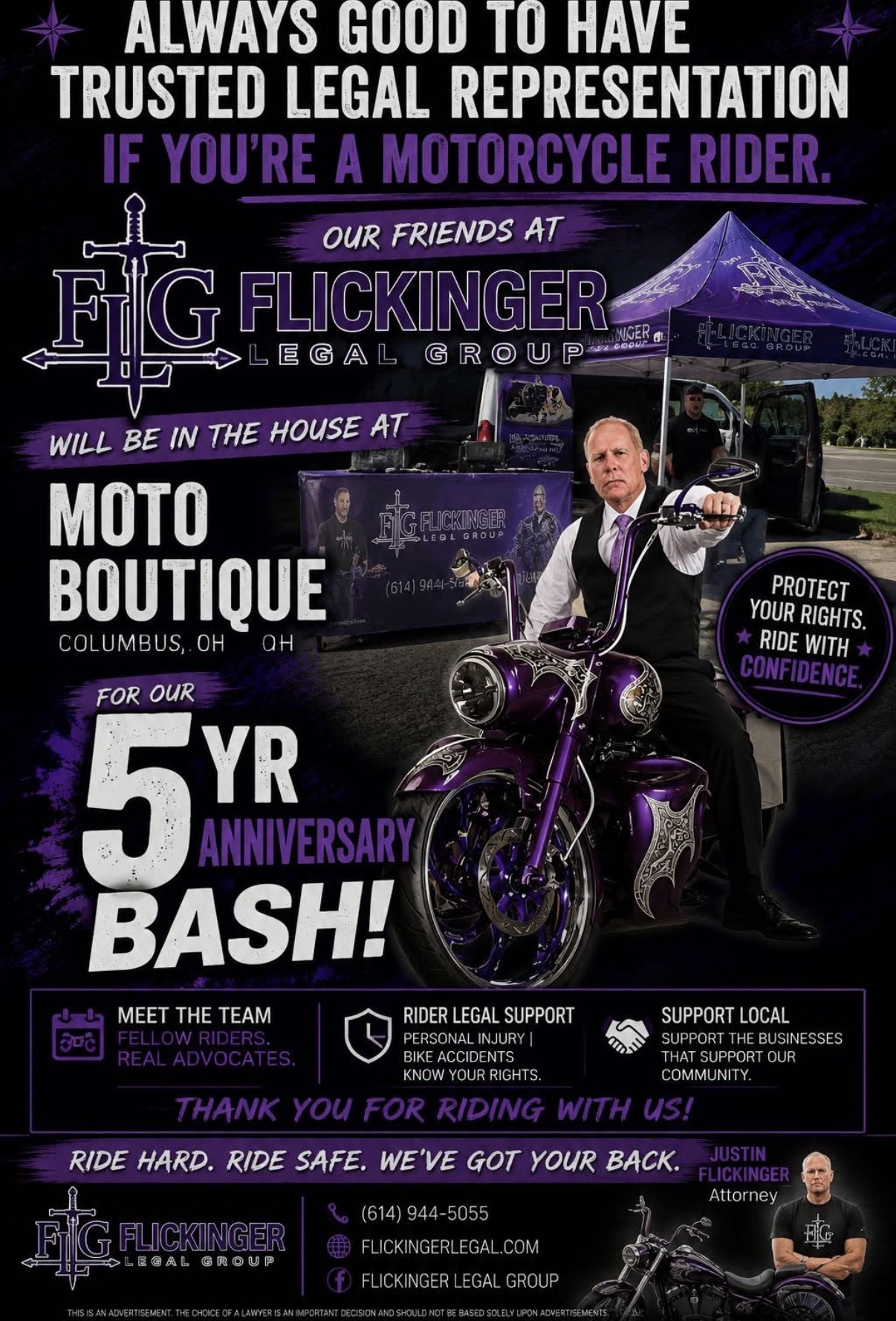 Promotional poster for Flickinger Legal Group advertising a 5-year anniversary bike bash with a purple motorcycle and team meet-and-greet.